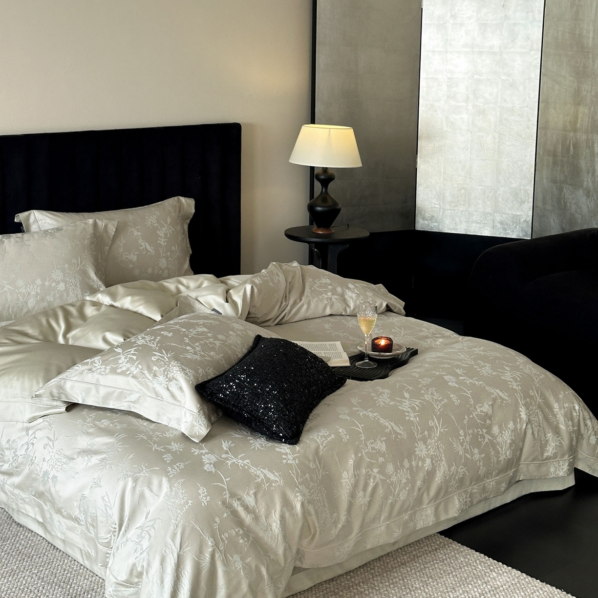 91家纺网 家纺一手货源 找家纺 MIU缪家居 2025新款100支全棉厚织提花简奢系列四件套-竹韵 竹韵 （松绿）