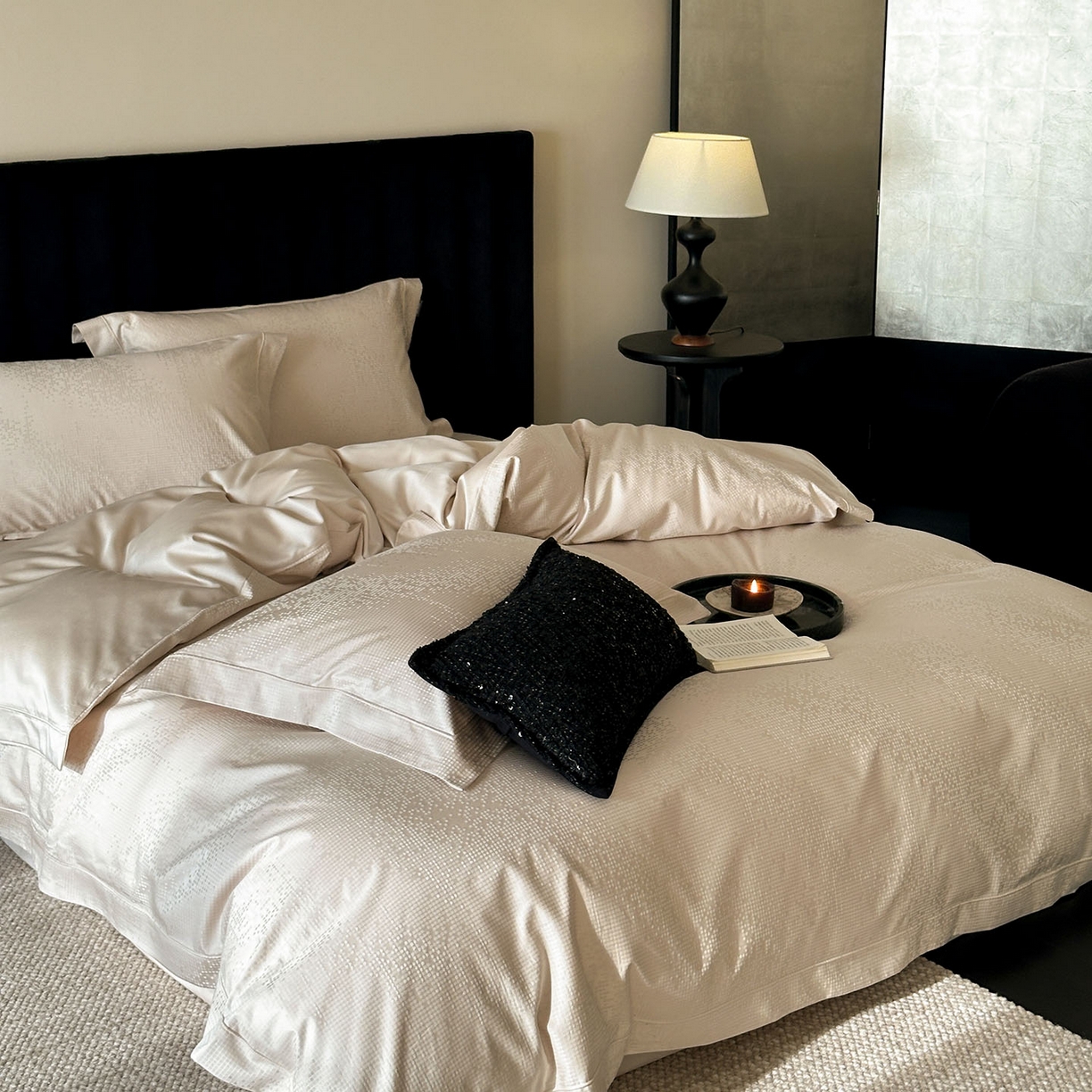 91家纺网 家纺一手货源 找家纺 MIU缪家居 2025新款100支全棉厚织提花简奢系列四件套-追光 追光 （香槟）