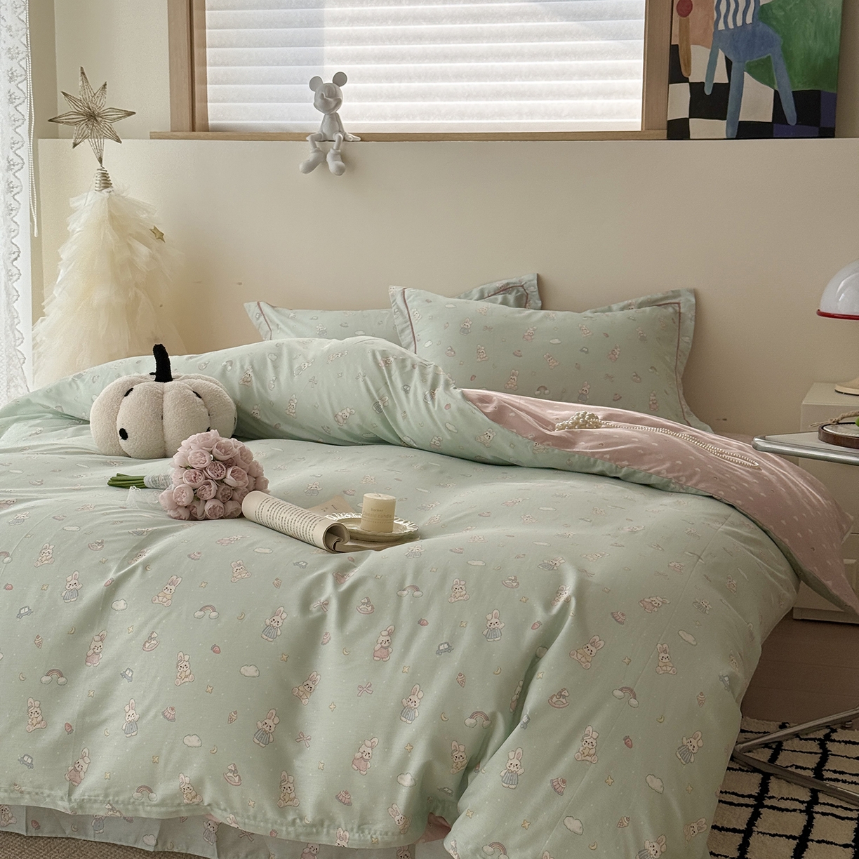 91家纺网 家纺一手货源 找家纺 于果 2025新款全棉13070四件套（11） 彩虹兔