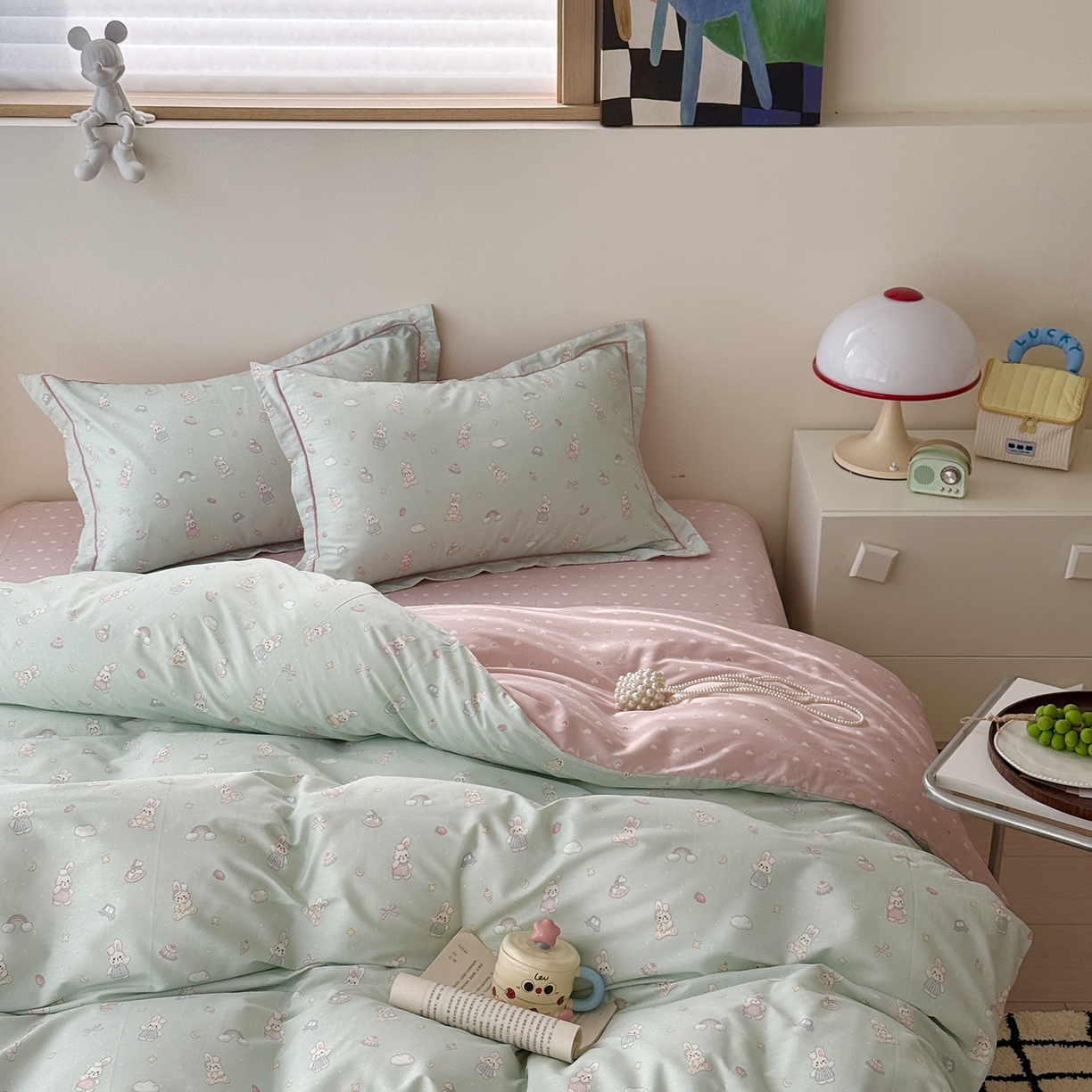 91家纺网 家纺一手货源 找家纺 于果 2025新款全棉13070四件套（11） 彩虹兔