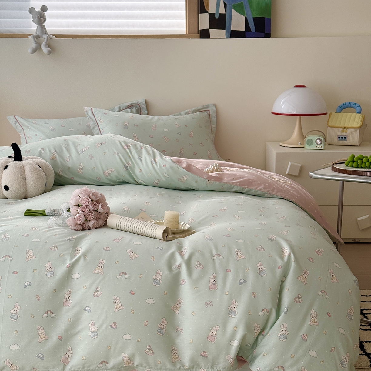 91家纺网 家纺一手货源 找家纺 于果 2025新款全棉13070四件套（11） 彩虹兔