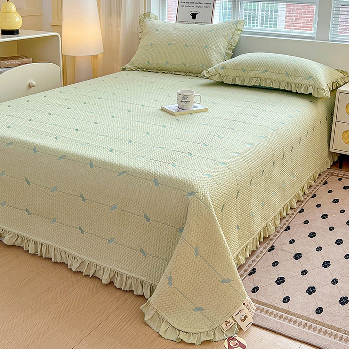 91家纺网 家纺一手货源 找家纺 源舜家纺 2025新款天竹棉麻莱赛尔莫代尔天丝棉爱神比特箭床盖三件套 比特-绿