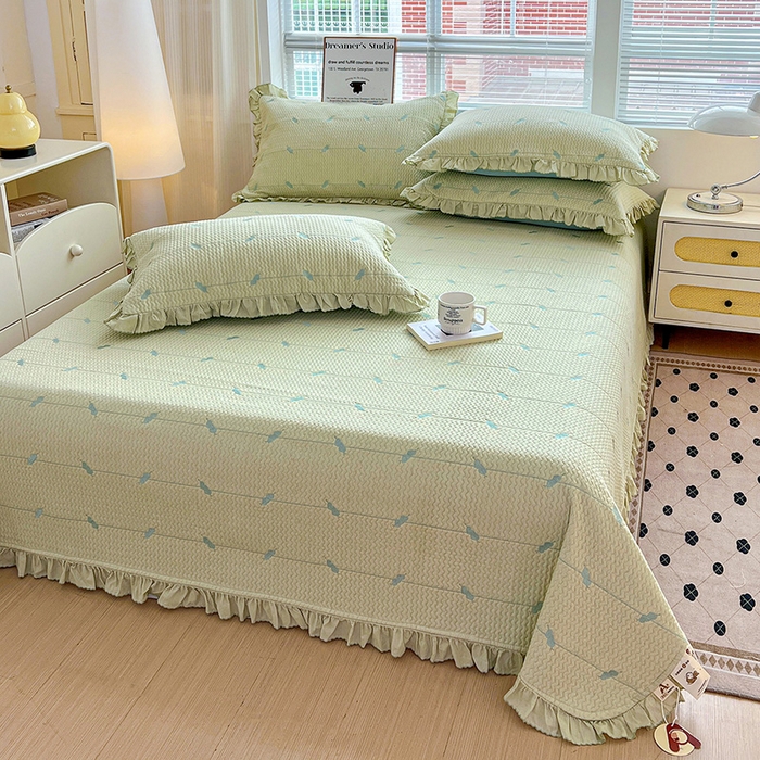 91家纺网 家纺一手货源 找家纺 源舜家纺 2025新款天竹棉麻莱赛尔莫代尔天丝棉爱神比特箭床盖三件套 比特-绿