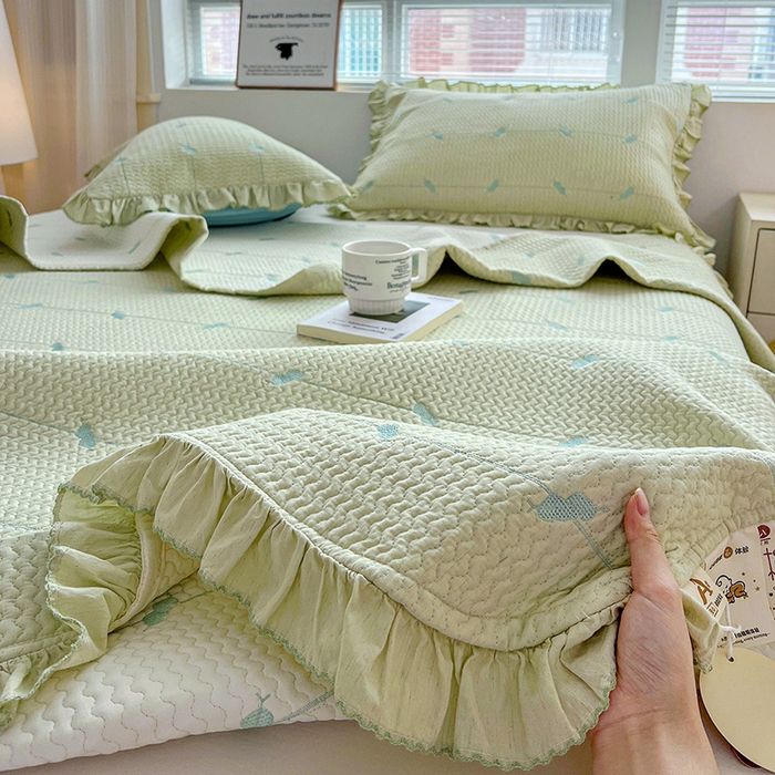 91家纺网 家纺一手货源 找家纺 源舜家纺 2025新款天竹棉麻莱赛尔莫代尔天丝棉爱神比特箭床盖三件套 比特-绿