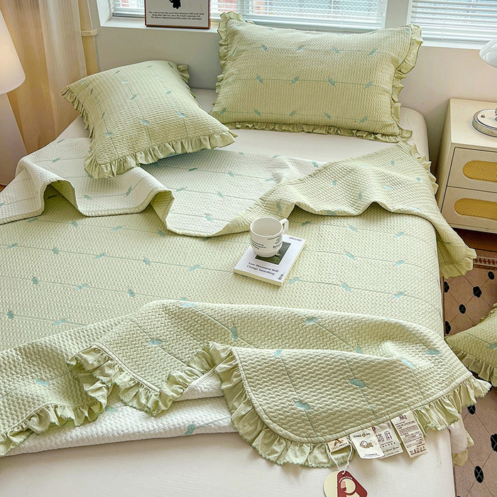 91家纺网 家纺一手货源 找家纺 源舜家纺 2025新款天竹棉麻莱赛尔莫代尔天丝棉爱神比特箭床盖三件套 比特-绿