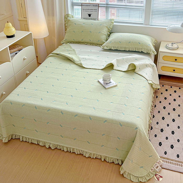 91家纺网 家纺一手货源 找家纺 源舜家纺 2025新款天竹棉麻莱赛尔莫代尔天丝棉爱神比特箭床盖三件套 比特-绿