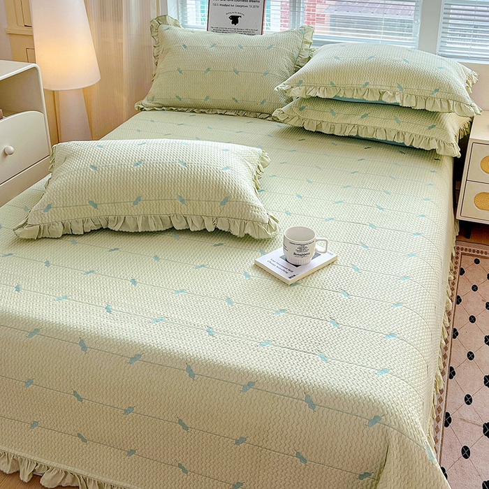 91家纺网 家纺一手货源 找家纺 源舜家纺 2025新款天竹棉麻莱赛尔莫代尔天丝棉爱神比特箭床盖三件套 比特-绿