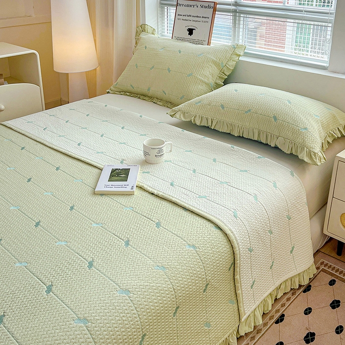 91家纺网 家纺一手货源 找家纺 源舜家纺 2025新款天竹棉麻莱赛尔莫代尔天丝棉爱神比特箭床盖三件套 比特-绿