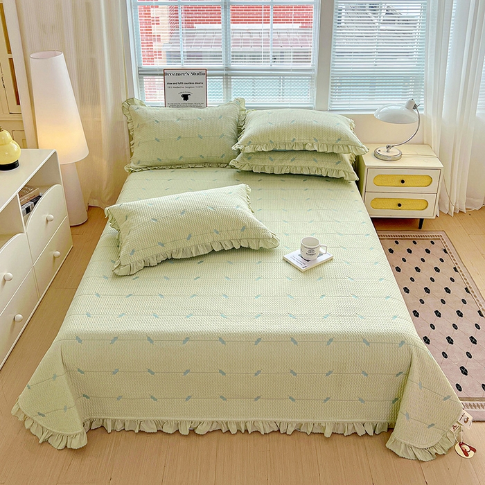 91家纺网 家纺一手货源 找家纺 源舜家纺 2025新款天竹棉麻莱赛尔莫代尔天丝棉爱神比特箭床盖三件套 比特-绿