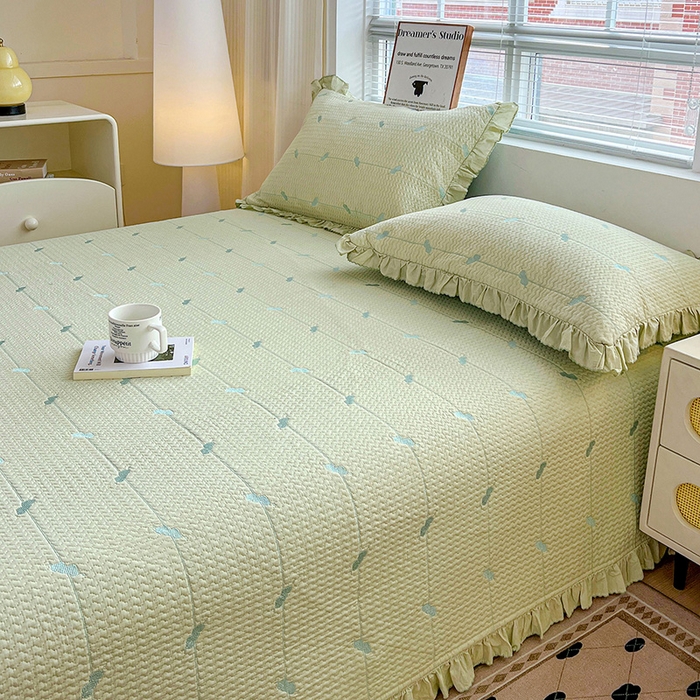 91家纺网 家纺一手货源 找家纺 源舜家纺 2025新款天竹棉麻莱赛尔莫代尔天丝棉爱神比特箭床盖三件套 比特-绿