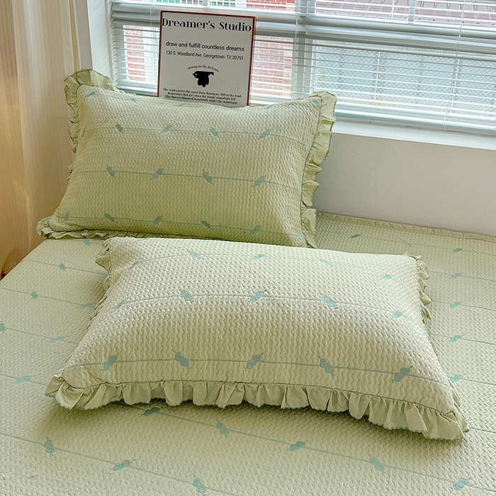 91家纺网 家纺一手货源 找家纺 源舜家纺 2025新款天竹棉麻莱赛尔莫代尔天丝棉爱神比特箭床盖三件套 比特-绿