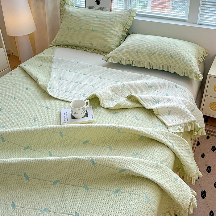 91家纺网 家纺一手货源 找家纺 源舜家纺 2025新款天竹棉麻莱赛尔莫代尔天丝棉爱神比特箭床盖三件套 比特-绿
