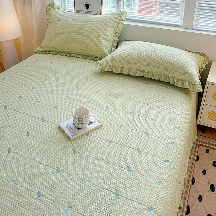 91家纺网 家纺一手货源 找家纺 源舜家纺 2025新款天竹棉麻莱赛尔莫代尔天丝棉爱神比特箭床盖三件套 比特-绿