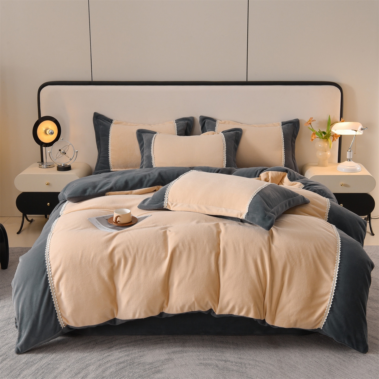 91家纺网 家纺一手货源 找家纺 （总）眷恋家纺 2025新款A类牛奶绒三拼法式花边款四件套-蒂凡妮