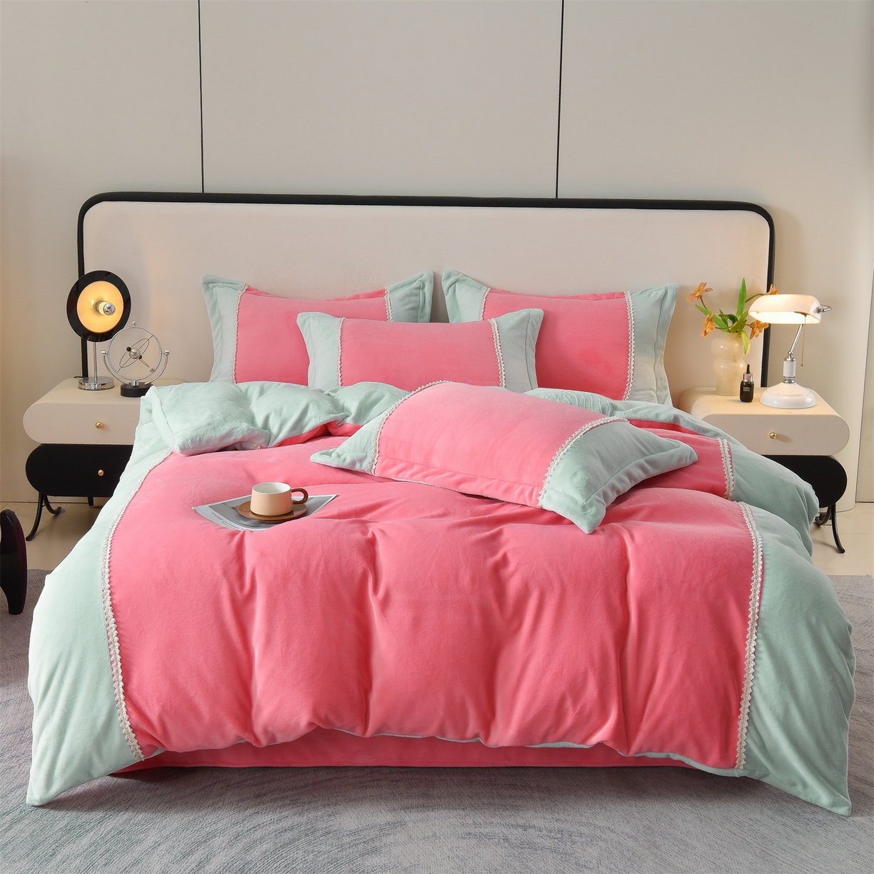 91家纺网 家纺一手货源 找家纺 （总）眷恋家纺 2025新款A类牛奶绒三拼法式花边款四件套-蒂凡妮