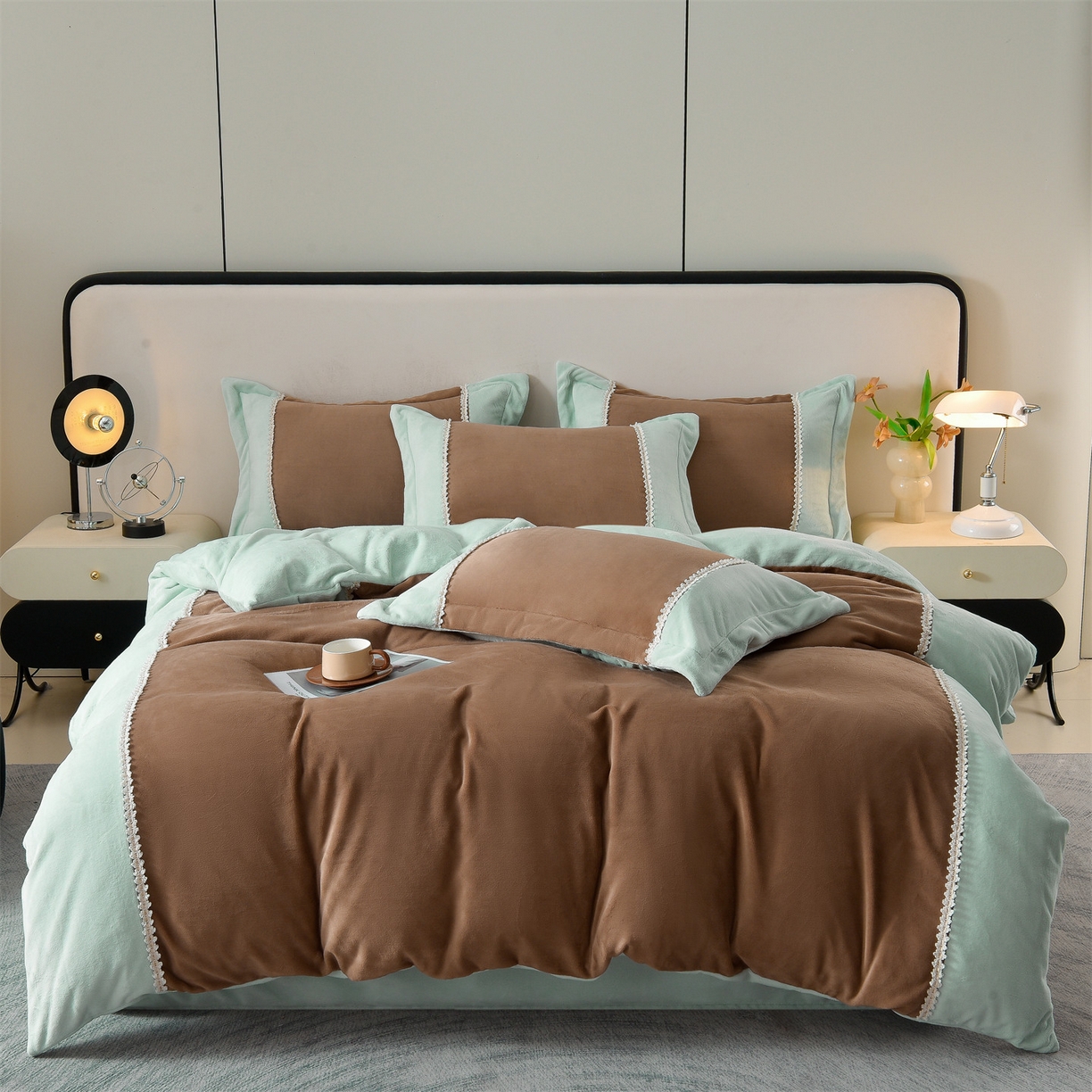 91家纺网 家纺一手货源 找家纺 （总）眷恋家纺 2025新款A类牛奶绒三拼法式花边款四件套-蒂凡妮