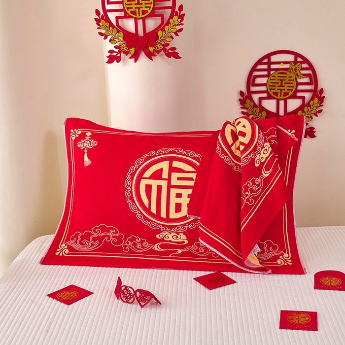 91家纺网 家纺一手货源 找家纺 （总）悦然毛巾被 2025新款全棉三层纱大红枕巾