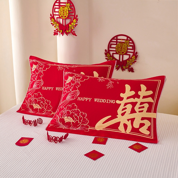 91家纺网 家纺一手货源 找家纺 悦然毛巾被 2025新款全棉三层纱大红枕巾 富贵吉祥