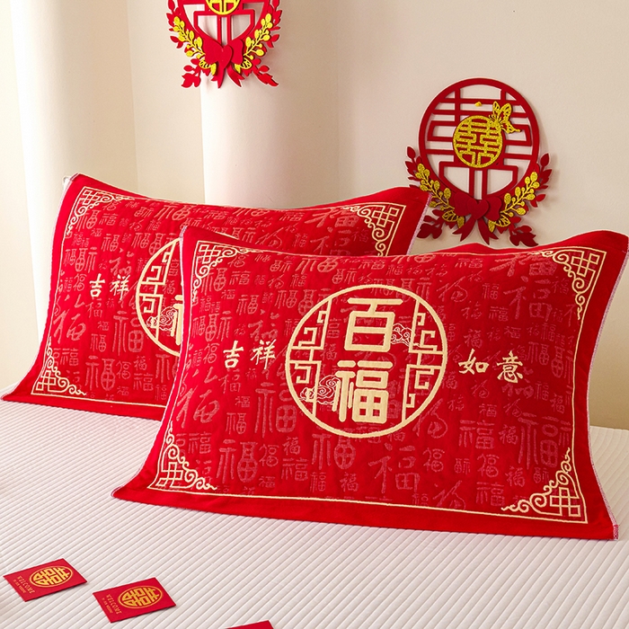 91家纺网 家纺一手货源 找家纺 悦然毛巾被 2025新款全棉三层纱大红枕巾 祥福