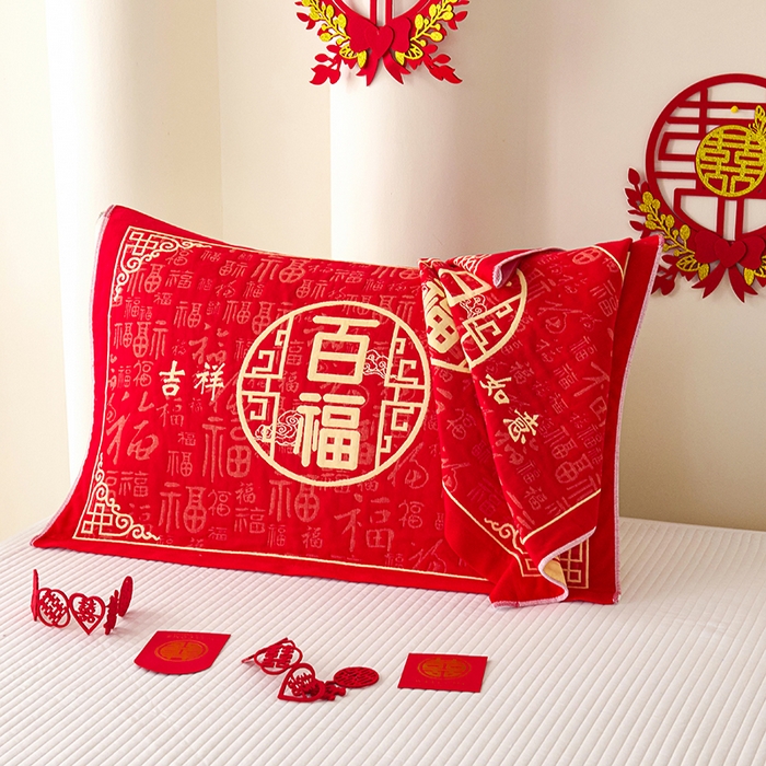 91家纺网 家纺一手货源 找家纺 悦然毛巾被 2025新款全棉三层纱大红枕巾 祥福