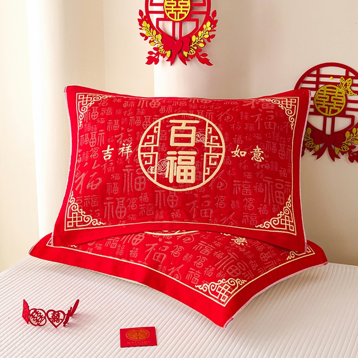 91家纺网 家纺一手货源 找家纺 悦然毛巾被 2025新款全棉三层纱大红枕巾 祥福