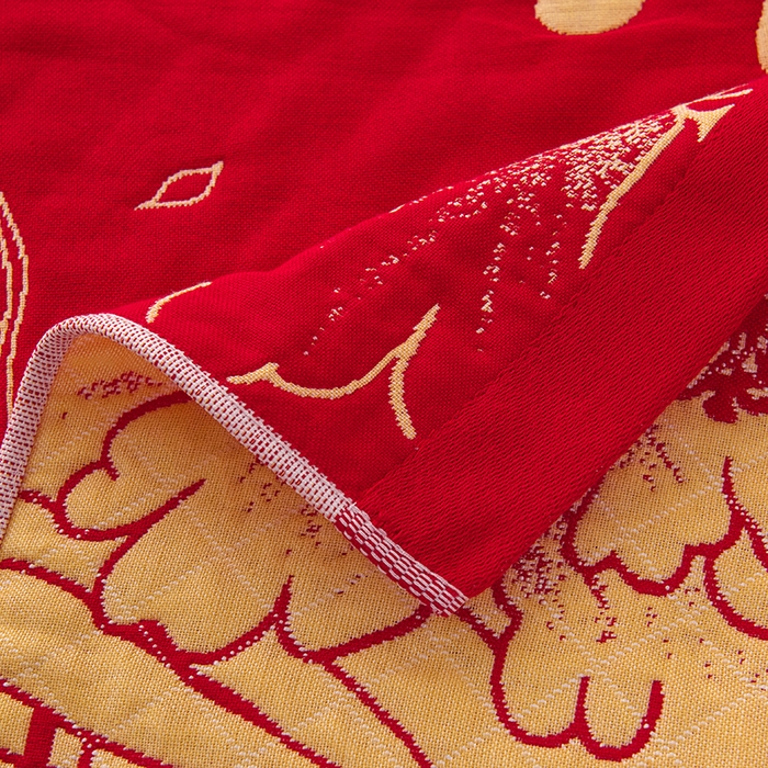 91家纺网 家纺一手货源 找家纺 悦然毛巾被 2025新款全棉三层纱大红枕巾 富贵吉祥