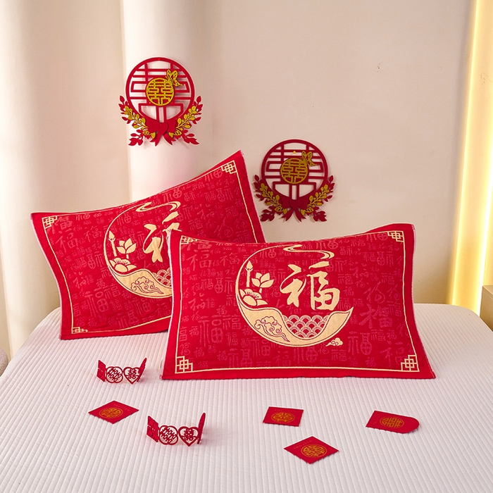 91家纺网 家纺一手货源 找家纺 悦然毛巾被 2025新款全棉三层纱大红枕巾 纳福