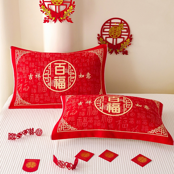 91家纺网 家纺一手货源 找家纺 悦然毛巾被 2025新款全棉三层纱大红枕巾 祥福