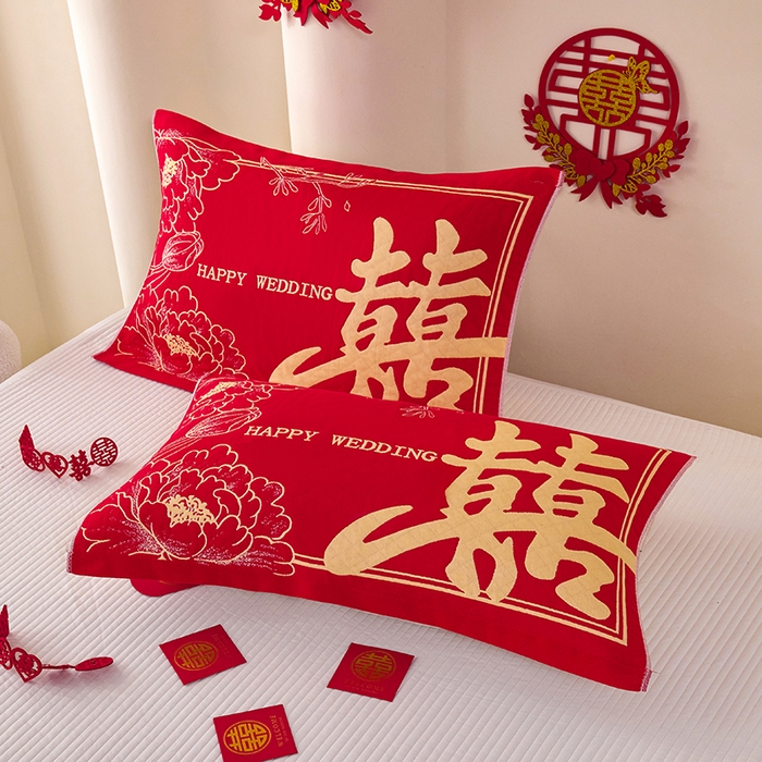 悦然毛巾被 2025新款全棉三层纱大红枕巾 富贵吉祥