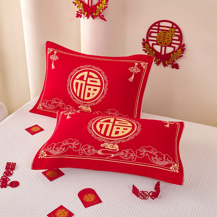 悦然毛巾被 2025新款全棉三层纱大红枕巾 福安