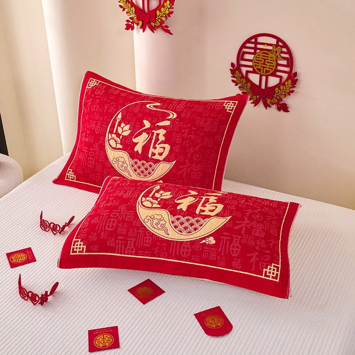 91家纺网 家纺一手货源 找家纺 （总）悦然毛巾被 2025新款全棉三层纱大红枕巾