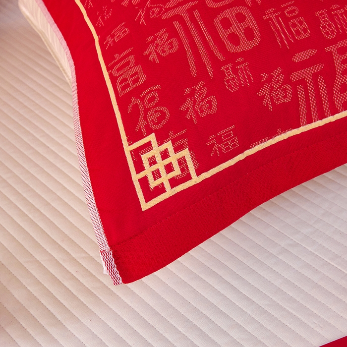 91家纺网 家纺一手货源 找家纺 悦然毛巾被 2025新款全棉三层纱大红枕巾 纳福