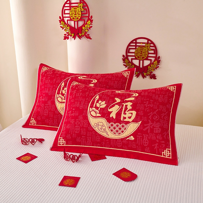 91家纺网 家纺一手货源 找家纺 悦然毛巾被 2025新款全棉三层纱大红枕巾 纳福