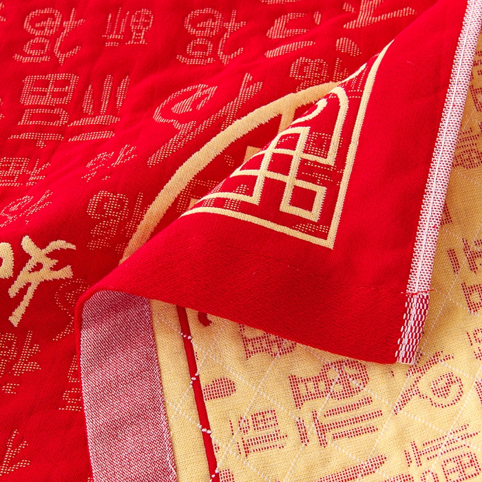 91家纺网 家纺一手货源 找家纺 悦然毛巾被 2025新款全棉三层纱大红枕巾 祥福