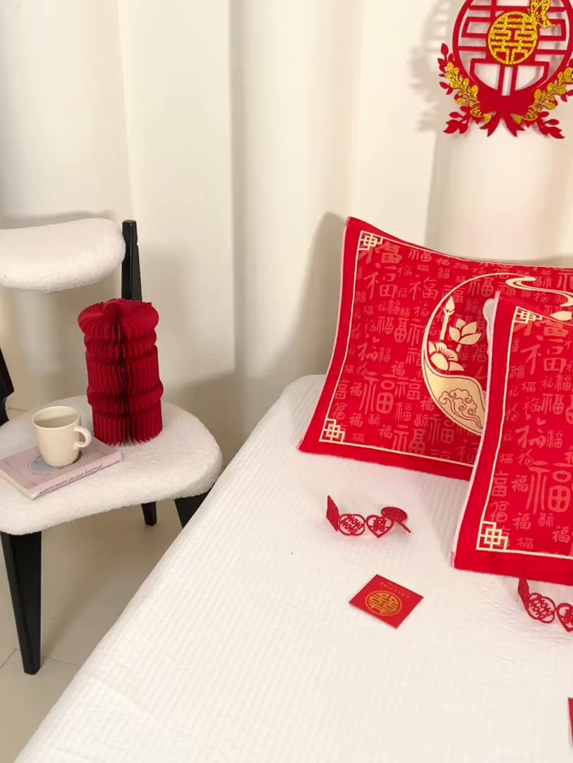 91家纺网 家纺一手货源 找家纺 悦然毛巾被 2025新款全棉三层纱大红枕巾 纳福