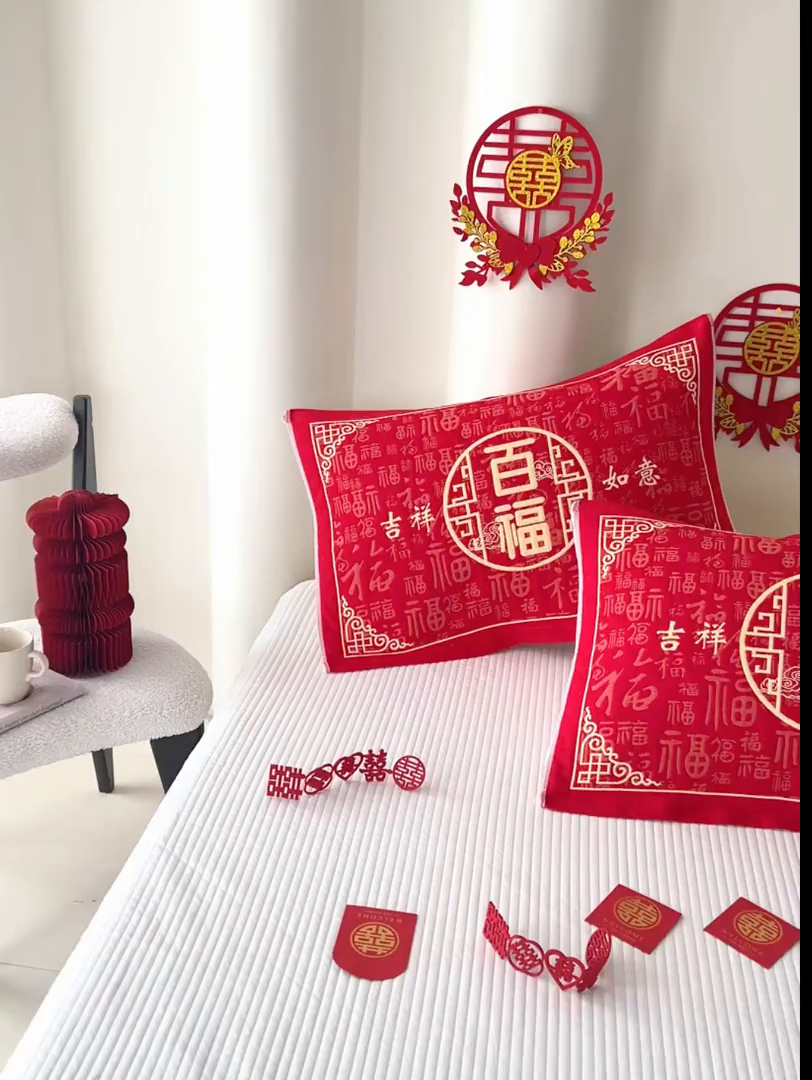 91家纺网 家纺一手货源 找家纺 悦然毛巾被 2025新款全棉三层纱大红枕巾 祥福