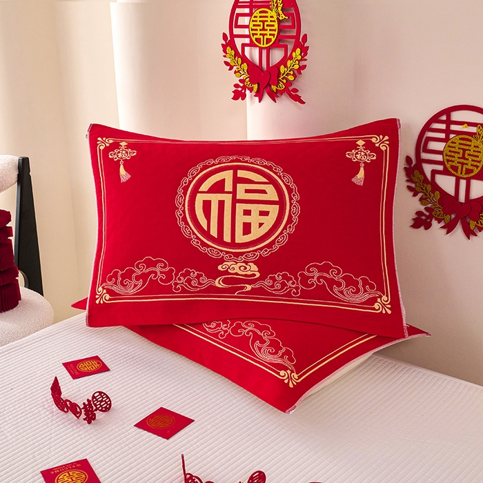 91家纺网 家纺一手货源 找家纺 悦然毛巾被 2025新款全棉三层纱大红枕巾 福安