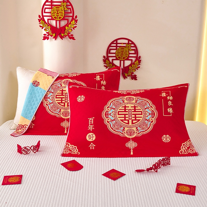 91家纺网 家纺一手货源 找家纺 悦然毛巾被 2025新款全棉三层纱大红枕巾 福慧1