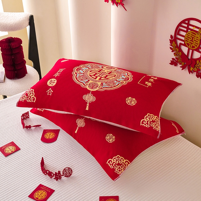 91家纺网 家纺一手货源 找家纺 悦然毛巾被 2025新款全棉三层纱大红枕巾 福慧1