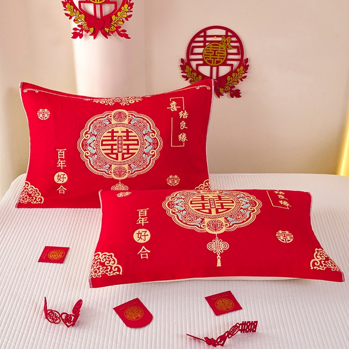 91家纺网 家纺一手货源 找家纺 悦然毛巾被 2025新款全棉三层纱大红枕巾 福慧1