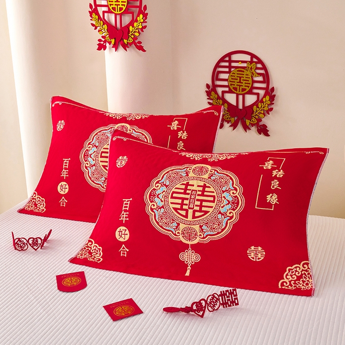 91家纺网 家纺一手货源 找家纺 悦然毛巾被 2025新款全棉三层纱大红枕巾 福慧1