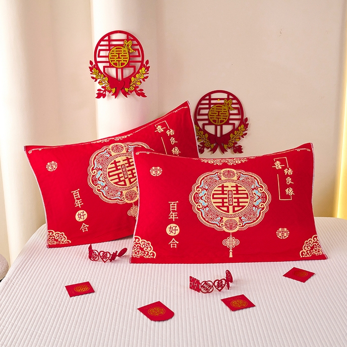 91家纺网 家纺一手货源 找家纺 悦然毛巾被 2025新款全棉三层纱大红枕巾 福慧1