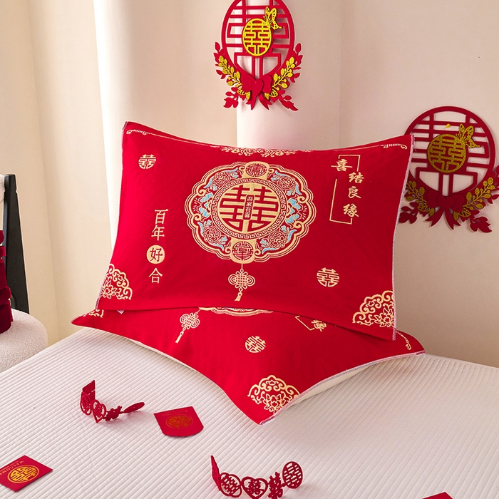 91家纺网 家纺一手货源 找家纺 悦然毛巾被 2025新款全棉三层纱大红枕巾 福慧1