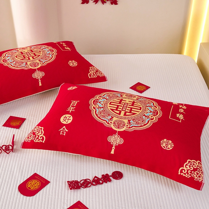 91家纺网 家纺一手货源 找家纺 悦然毛巾被 2025新款全棉三层纱大红枕巾 福慧1