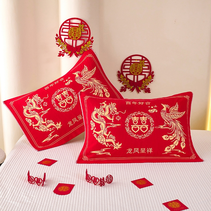 91家纺网 家纺一手货源 找家纺 悦然毛巾被 2025新款全棉三层纱大红枕巾 鸿福