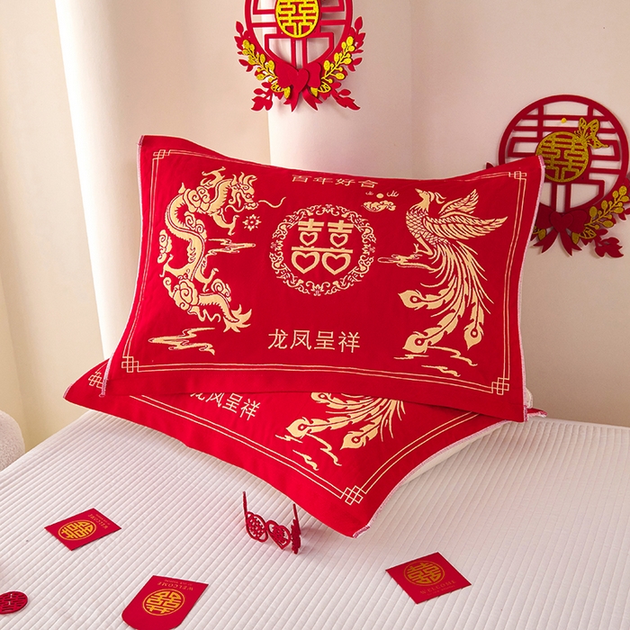 91家纺网 家纺一手货源 找家纺 悦然毛巾被 2025新款全棉三层纱大红枕巾 鸿福