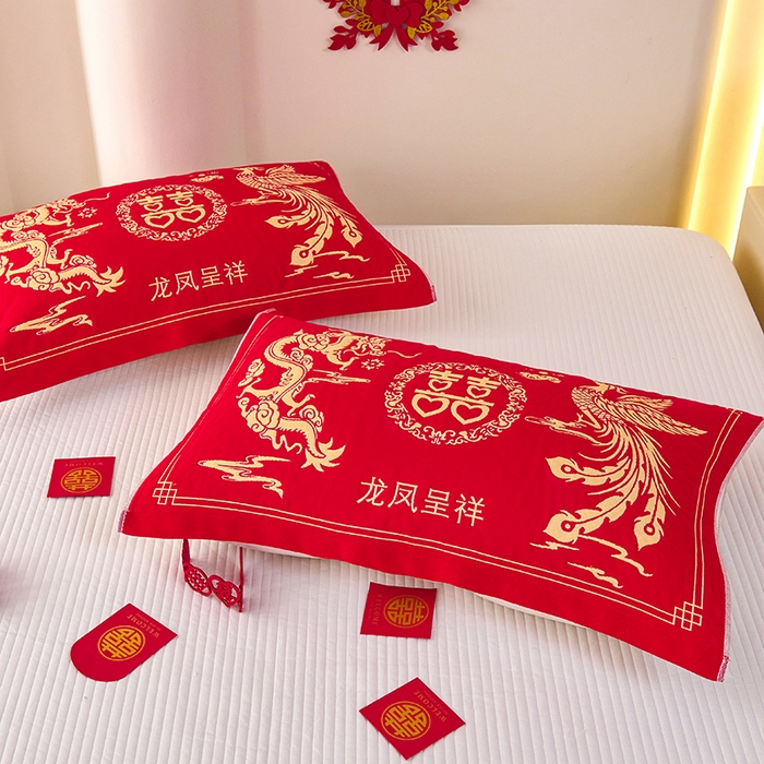 91家纺网 家纺一手货源 找家纺 悦然毛巾被 2025新款全棉三层纱大红枕巾 鸿福