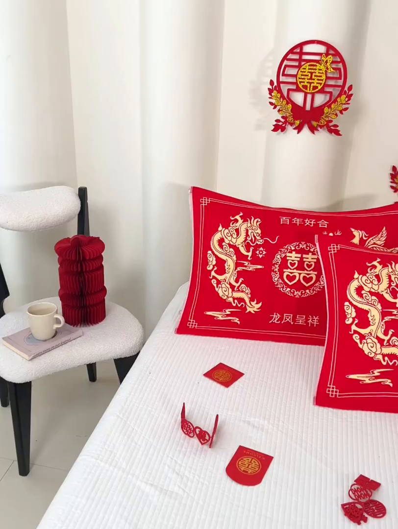 91家纺网 家纺一手货源 找家纺 悦然毛巾被 2025新款全棉三层纱大红枕巾 鸿福