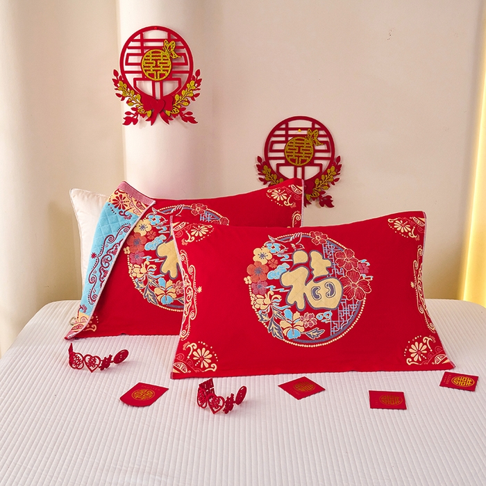 91家纺网 家纺一手货源 找家纺 悦然毛巾被 2025新款全棉三层纱大红枕巾 福映1