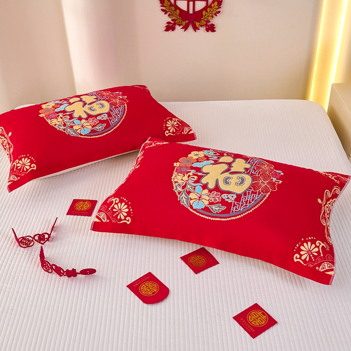 91家纺网 家纺一手货源 找家纺 悦然毛巾被 2025新款全棉三层纱大红枕巾 福映1